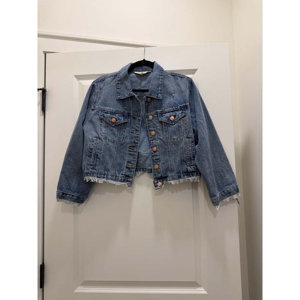 Ci Sono Womens Medium Wash Cropped Distressed Denim Jacket Frayed Hem Size M
